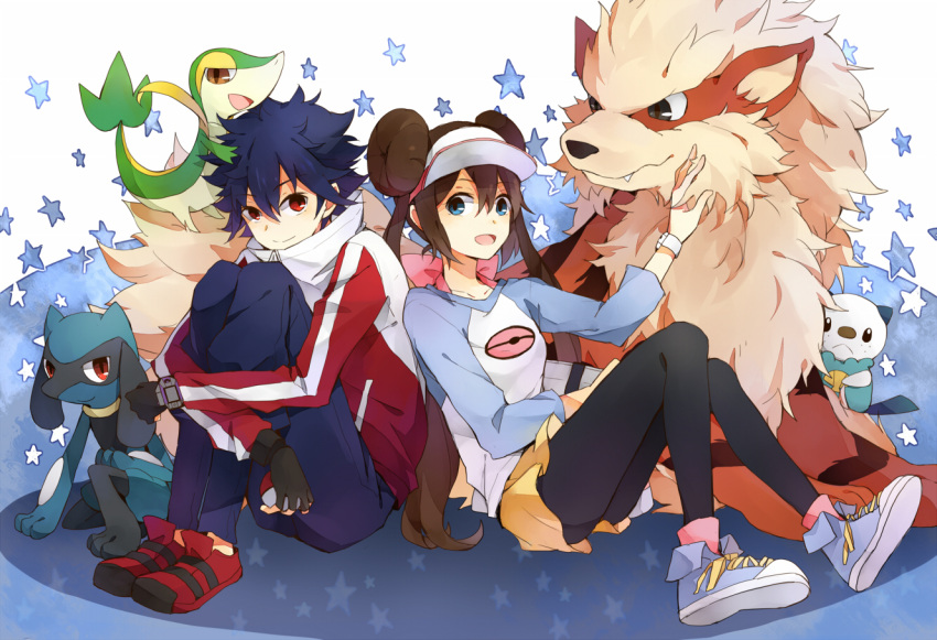 1boy, 1girl, arcanine, black_hair, black_legwear, blue_eyes, bow, brown_hair, double_bun, fingerless_gloves, gloves, holding, holding_poke_ball, hue_(pokemon), jacket, legwear_under_shorts, long_hair, looking_at_viewer, matako, mei_(pokemon), oshawott, pantyhose, poke_ball, pokemon, pokemon_(creature), pokemon_(game), pokemon_bw2, raglan_sleeves, red_eyes, riolu, shoes, shorts, sitting, smile, sneakers, snivy, spiked_hair, spiky_hair, star, twintails, visor_cap, watch, wristwatch