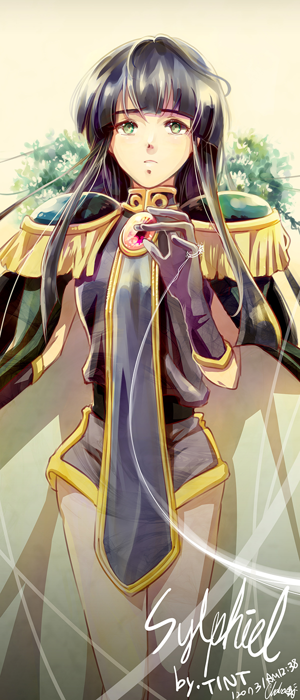 black_hair, cape, character_name, epaulettes, expressionless, gloves, green_eyes, highres