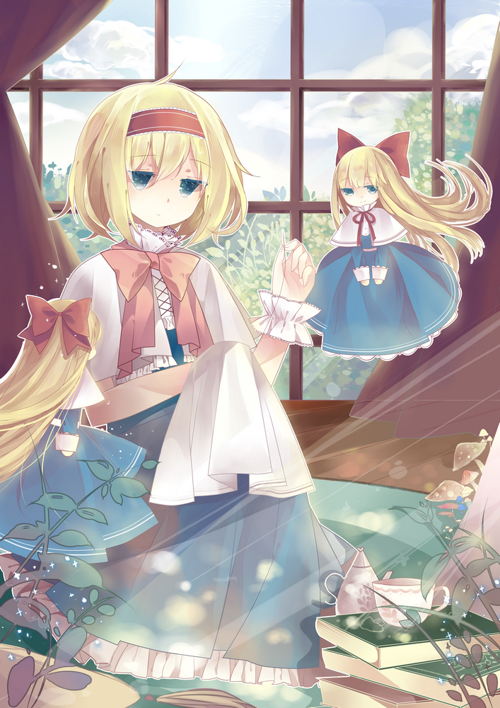 alice_margatroid, blonde_hair, blue_eyes, book, bow, capelet, cup, doll