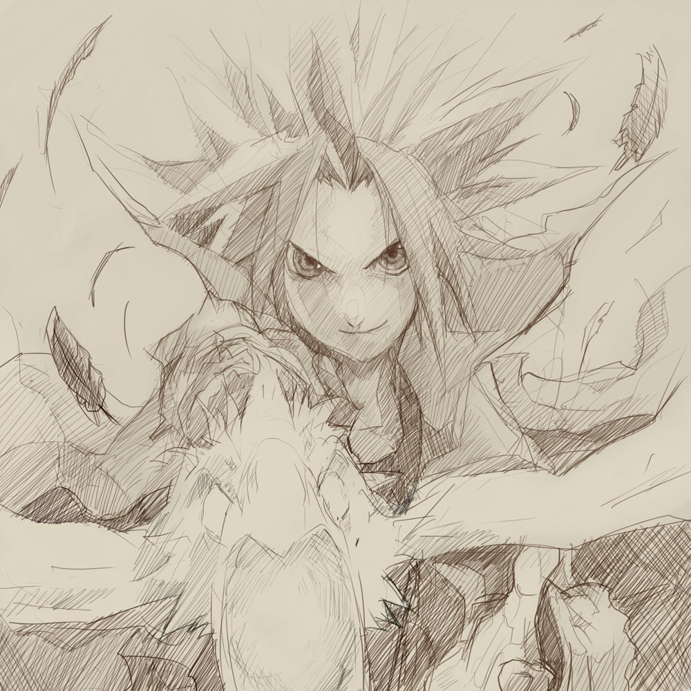>:), bird, chigen, feathers, graphite_(medium), jing, jing_king_of_bandits, kir_(jing_king_of_bandits)
