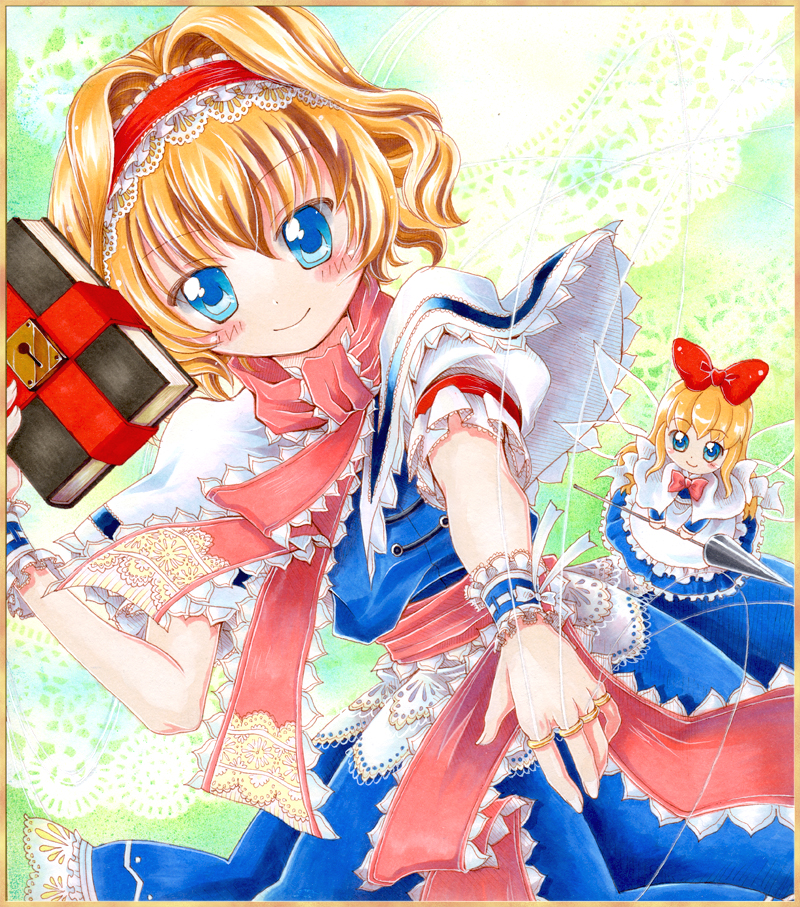 alice_margatroid, blonde_hair, blue_eyes, book, bow, capelet, doll, dress