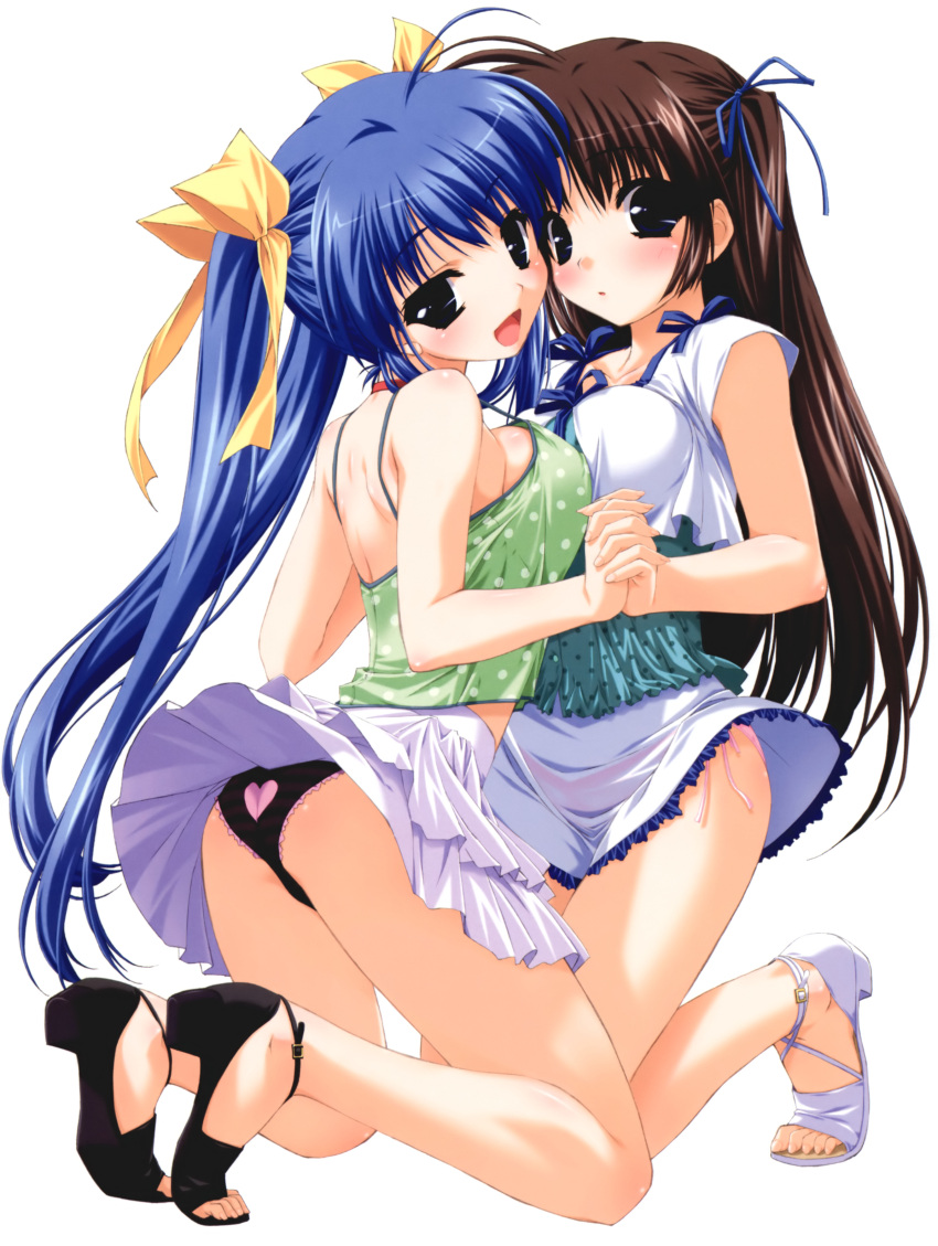 absurdres, black_hair, blue_hair, blush, breast_press, breasts, feet, hair_ribbon, hand_holding, heart, heart_panties, heart_print, high_heels, highres, holding_hands, kamipani, kamipani!, katase_megumi, kujou_amane, multiple_girls, no_socks, open_shoes, panties, pantyshot, polka_dot, print_panties, ribbon, rounded_corners, sandals, shintaro, shintarou, shoes, side-tie_panties, symmetrical_docking, toes, twintails, underwear, upskirt, wind_lift