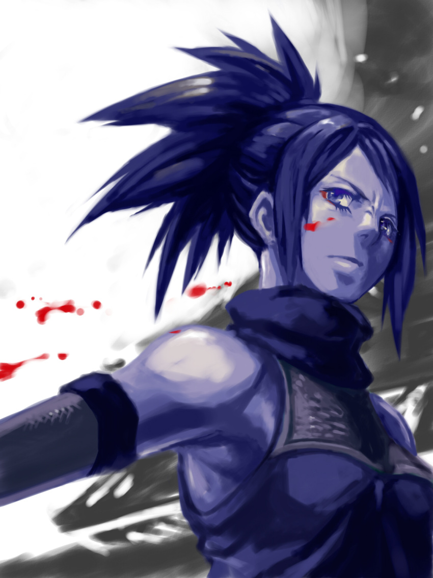 ayame, bare_shoulders, black_hair, blood, blood_on_face, blue_eyes, detached_sleeves, fishnets