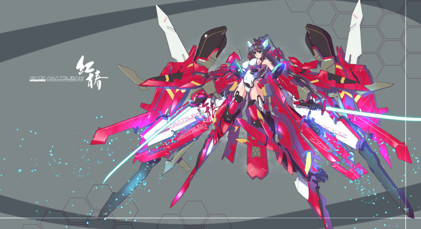 akatsubaki, armor, black_hair, blue_eyes, bodysuit, breasts, dual_wielding, highres, infinite_stratos, katana, mecha_musume, nenchi, ponytail, shinonono_houki, sword, weapon