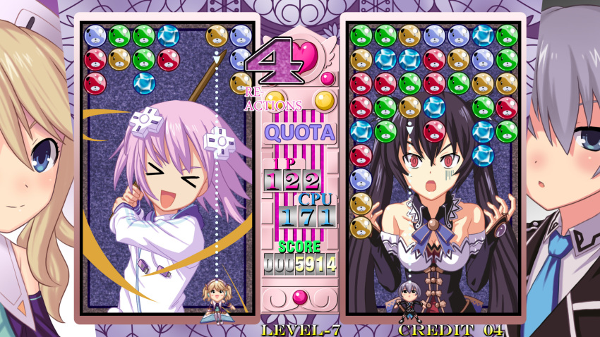 >_<, 4girls, black_hair, blonde_hair, blue_eyes, book, breasts, choujigen_game_neptune