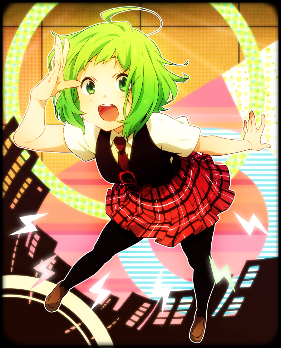 akatsuki_yakyou, black_legwear, glasses, green_eyes, green_hair, gumi, looking_at_viewer, necktie