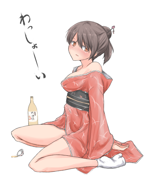 1girl, blush, bottle, breasts, brown_eyes, brown_hair, gertrud_barkhorn, hakusen-hiki, japanese_clothes, off_shoulder, sitting, solo, strike_witches
