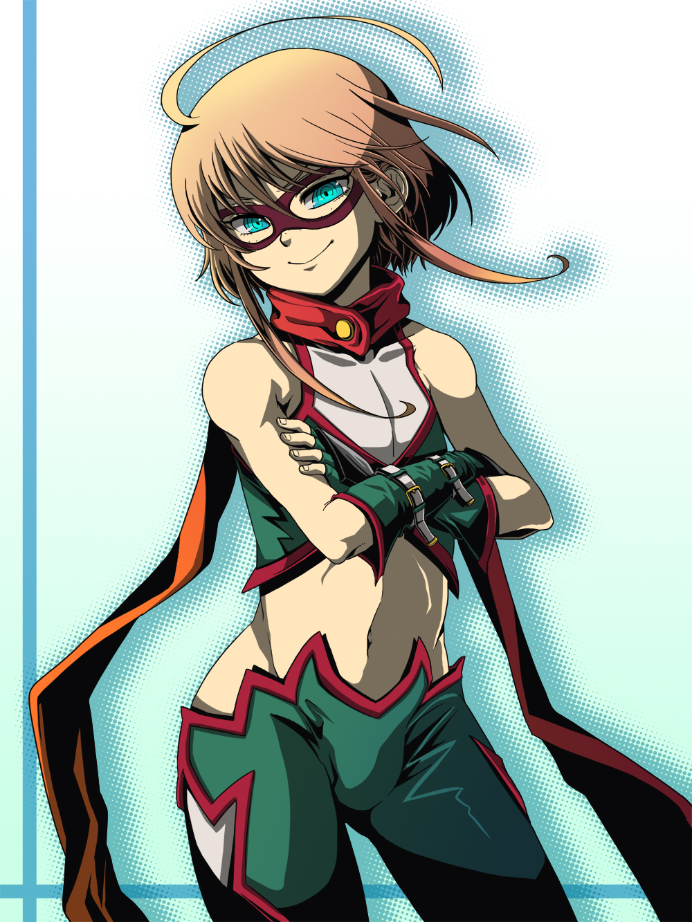 ahoge, androgynous, aqua_eyes, blonde_hair, blue_eyes, bulge, crossed_arms, domino_mask