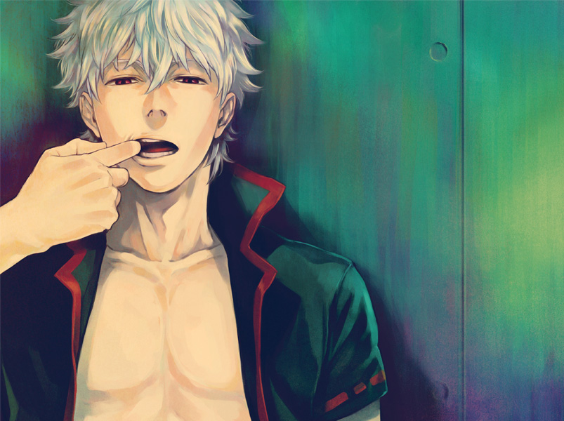 9go, cheek_pull, gintama, kyuugou_(ninekoks), open_clothes, open_shirt, red_eyes, sakata_gintoki