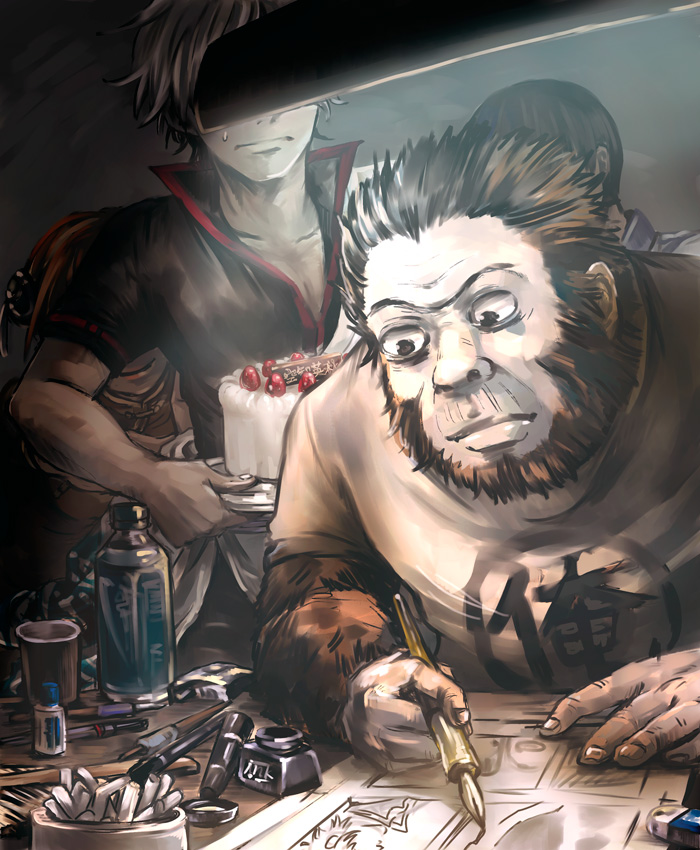 3boys, bktm, black_hair, cake, comic, food, gintama, gorilla