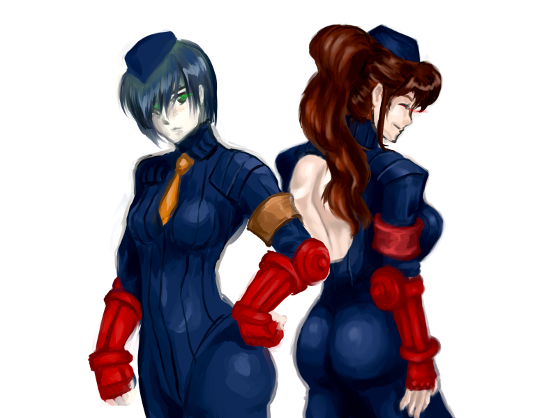 2girls, ass, back_cutout, breasts, brown_hair, closed_eyes, cosplay, coyote_ragtime_show, elbow_pads, eyes_closed, fingerless_gloves, garrison_cap, gloves, green_eyes, hand_on_hip, hat, high_ponytail, juli, july_(coyote_ragtime_show), june_(coyote_ragtime_show), juni, leotard, long_hair, multiple_girls, namesake, nami2, necktie, pale_skin, short_hair, silver_hair, street_fighter, street_fighter_zero