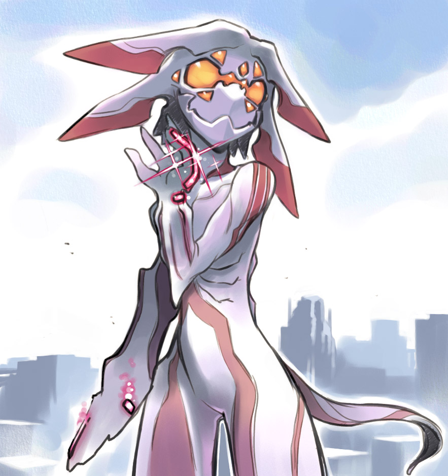 androgynous, bad_id, city, monster_girl, nakamura_tetsuya, orange_eyes, outdoors, parody