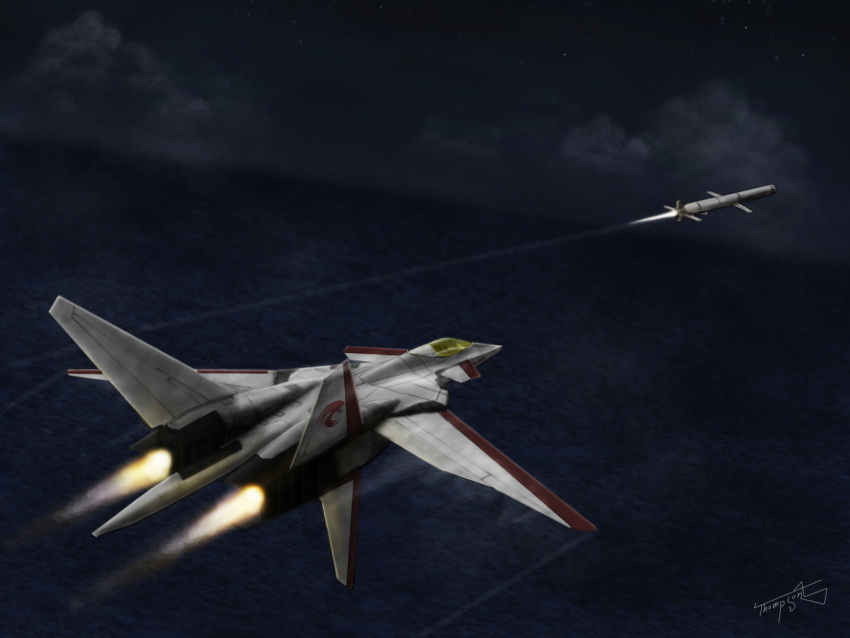 ace_combat_2, afterburner, airplane, artist_name, cloud, clouds, condensation_trail, emblem, fighter_jet, highres, jet, missile, ocean, phoenix_squadron, scarface_1, signature, star_(sky), thompson, xfa-27