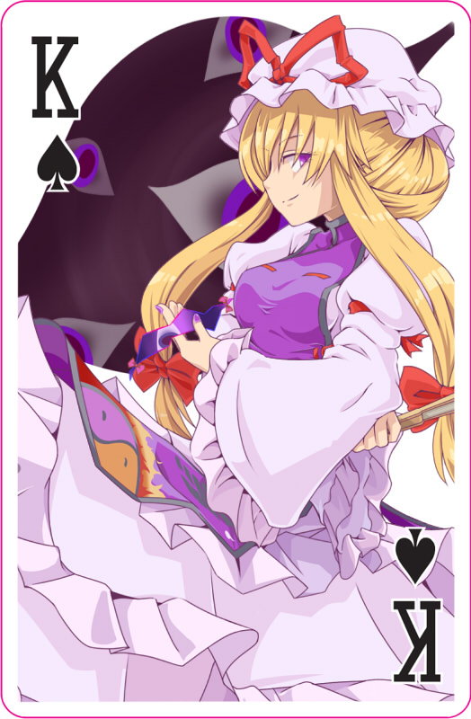 blonde_hair, card, fan, folding_fan, gap, hat, monopollyan, playing_card