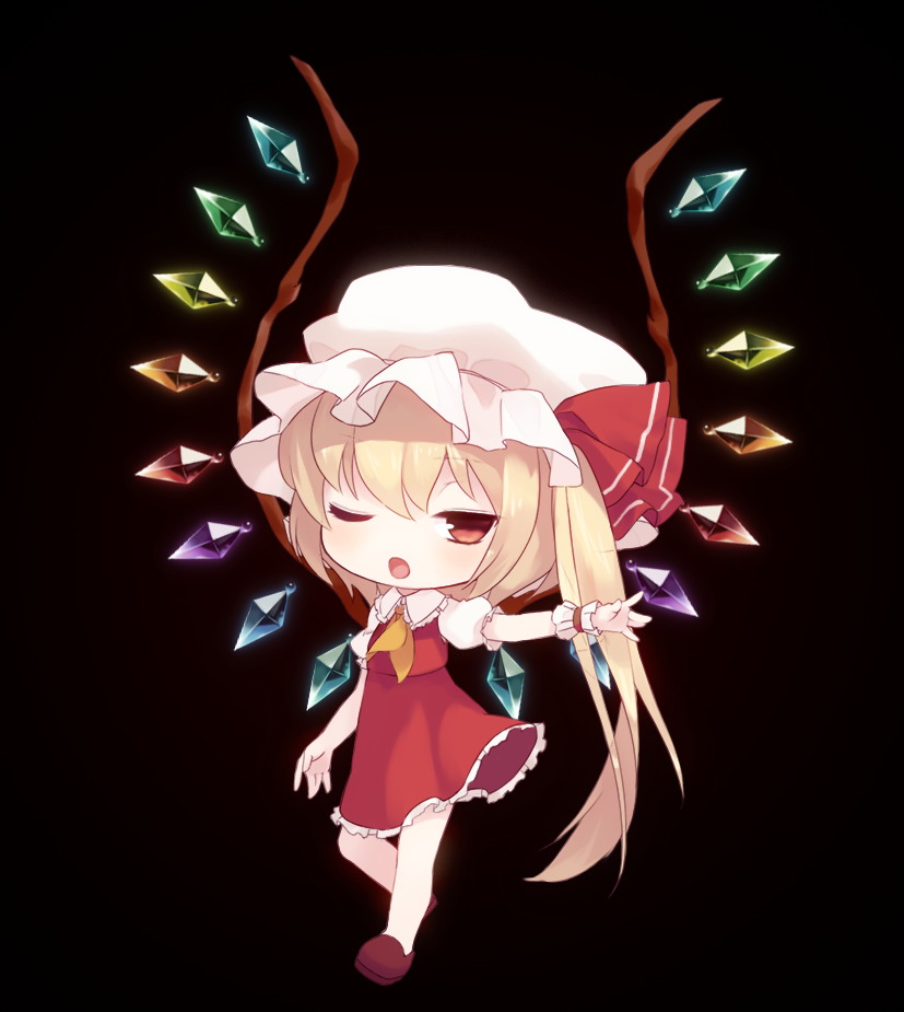 ascot, black_background, blonde_hair, blush, chibi, flandre_scarlet, haruwakame, hat