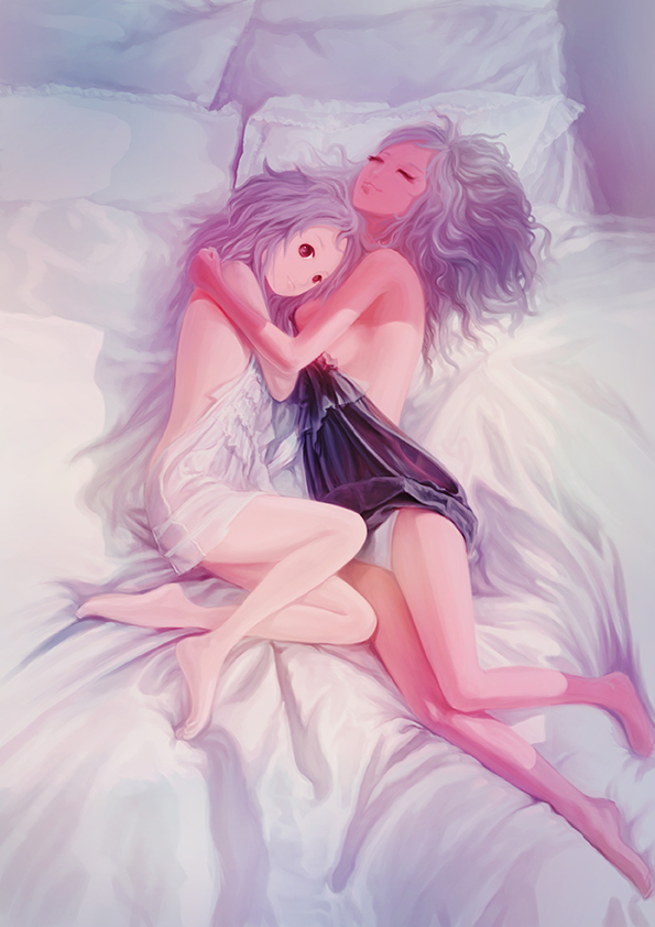 bed, end_(wzjwll), hug, lying, multiple_girls, original, panties, pillow