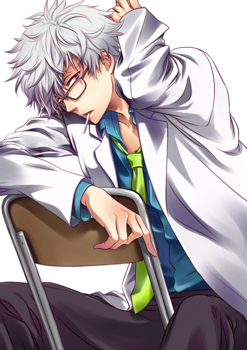 cigarette, gintama, glasses, kumano_yuzuko, labcoat, necktie, red_eyes, sakata_gintoki