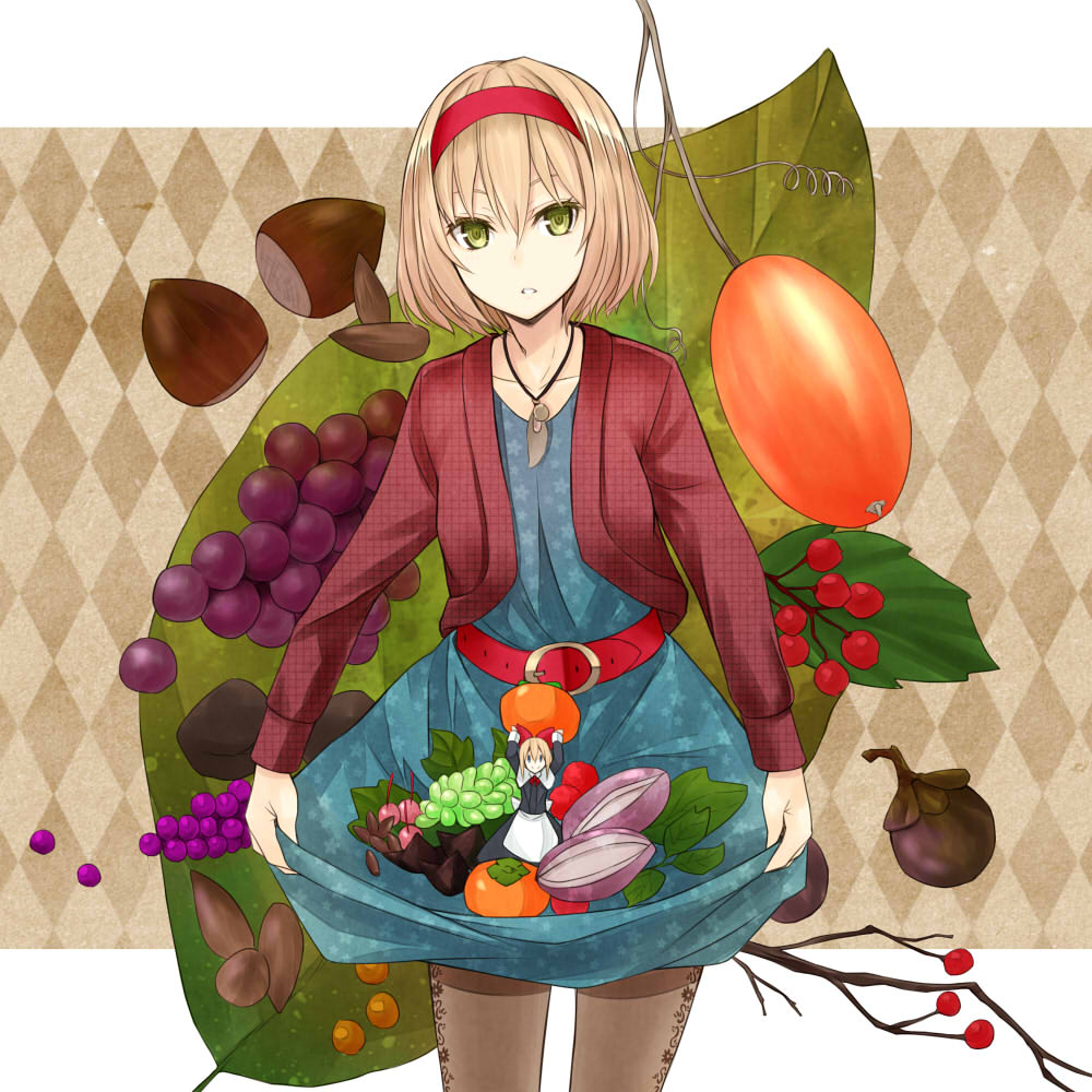 alice_margatroid, alternate_costume, belt, blonde_hair, chestnut, food, fruit, grapes