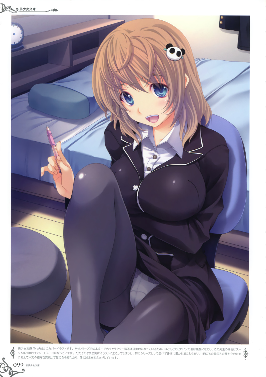 :d, absurdres, animal_hair_ornament, bed, blue_eyes, breasts, brown_hair, clock