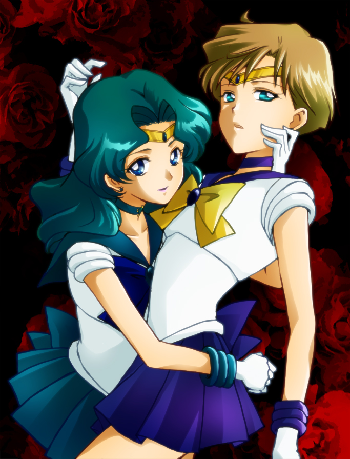aqua_eyes, aqua_hair, bishoujo_senshi_sailor_moon, blonde_hair, blue_eyes, bow, choker, floral_background, flower, gloves, hamutarou, hand_on_another's_face, hand_on_another's_face, hug, kaiou_michiru, multiple_girls, outer_senshi, pleated_skirt, rose, sailor_neptune, sailor_senshi, sailor_uranus, short_hair, short_sleeves, skirt, ten'ou_haruka, ten'ou_haruka, tiara