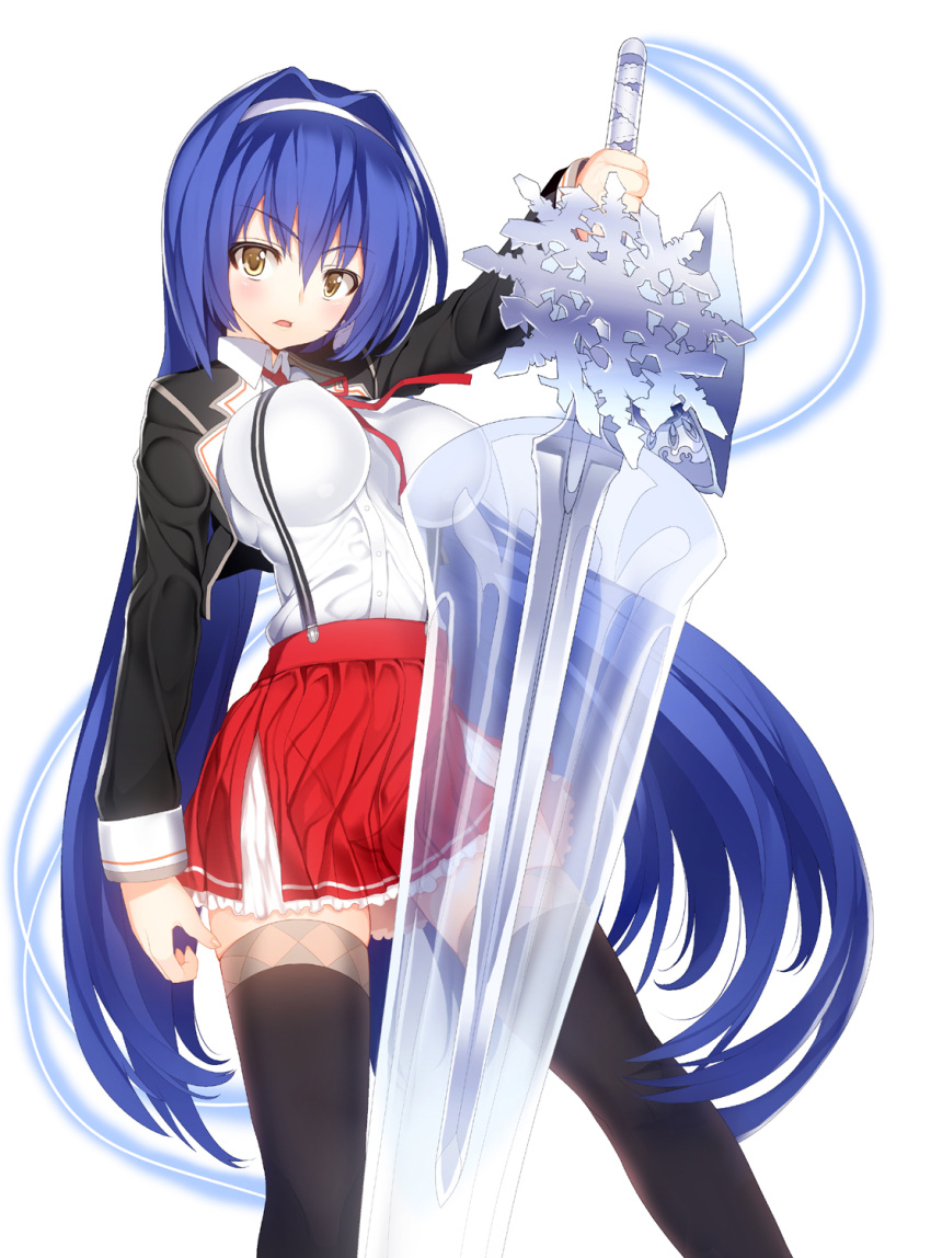 black_legwear, blue_hair, boku_no_maken_ga_urusai_ken_ni_tsuite, breasts, brown_eyes, char, character_request, crystal_sword