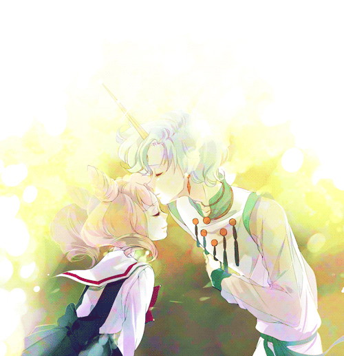 1girl, bishoujo_senshi_sailor_moon, chibi_usa, closed_eyes, double_bun, earrings, eyes_closed, forehead_kiss, gif_artifacts, hair_bun, helios, horn, jewelry, kiss, pale_color, pink_hair, sailor_collar, short_hair, side, twintails, white_hair, yr