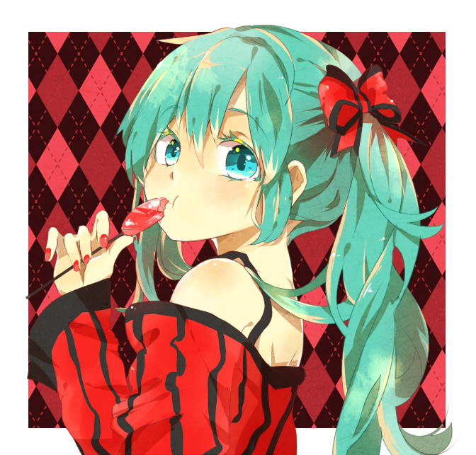 aqua_eyes, aqua_hair, argyle, argyle_background, bare_shoulders, bow, candy, hair_bow