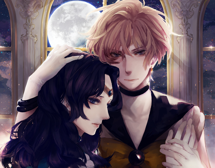 alternate_hair_color, bishoujo_senshi_sailor_moon, black_hair, blonde_hair, blue_eyes, blue_hair, choker, earrings