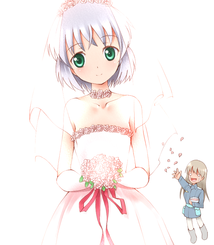 :d, bare_shoulders, bouquet, dr_rex, dress, eila_ilmatar_juutilainen, flower, green_eyes, holding, kadowaki_mai, long_hair, multiple_girls, o_o, open_mouth, outstretched_arm, pantyhose, petals, sanya_v_litvyak, seiyuu_connection, short_hair, silver_hair, smile, strike_witches, veil, wedding_dress