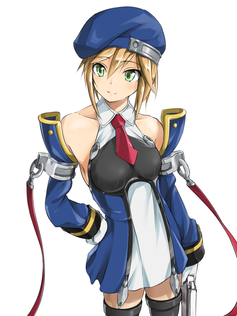 bare_shoulders, black_legwear, blazblue, blonde_hair, collarbone, detached_sleeves, gloves, green_eyes