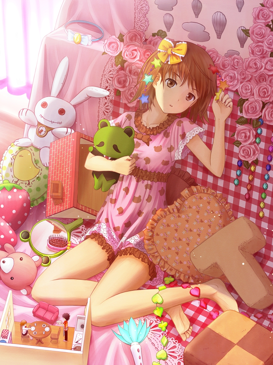 barefoot, bow, brown_eyes, brown_hair, bunny, character_doll, doll_house, gekota