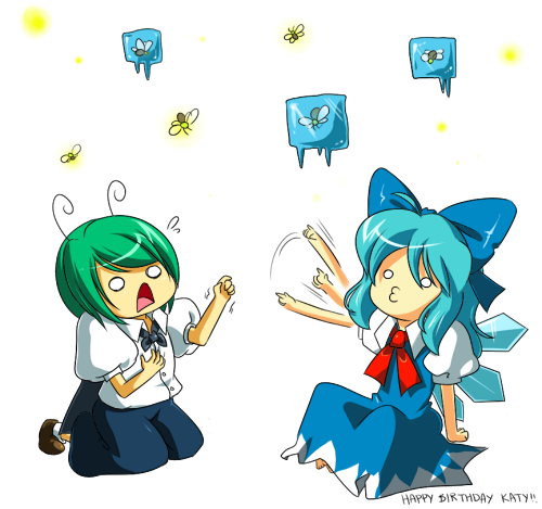 antennae, artrica, barefoot, blue_hair, bow, cape, cirno, d:
