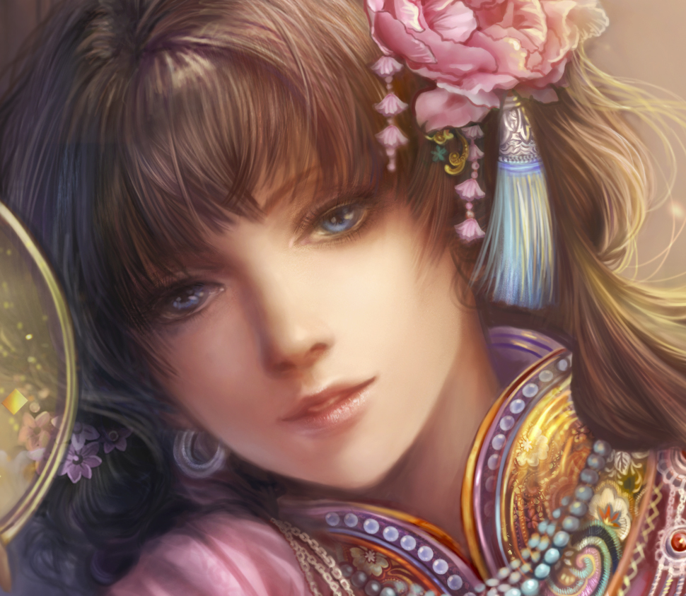 axis_powers_hetalia, blue_eyes, brown_hair, chinese_clothes, close-up, cropped, earrings, eyelashes, face, flower, hair_flower, hair_ornament, jewelry, jiuge, lips, looking_at_viewer, original, pink_rose, realistic, rose, taiwan_(hetalia)