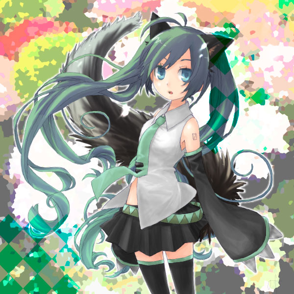 animal_ears, detached_sleeves, green_hair, hatsune_miku, kemonomimi_mode, koshino_nose, long_hair, looking_at_viewer