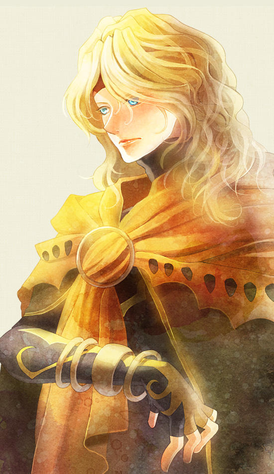 blonde_hair, blue_eyes, bodysuit, cape, dhaos, expressionless, fingerless_gloves, gloves