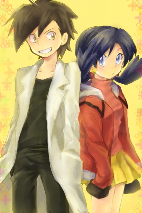 1boy, 1girl, alternate_costume, black_hair, blue_eyes, blue_hair, blush, commentary_request