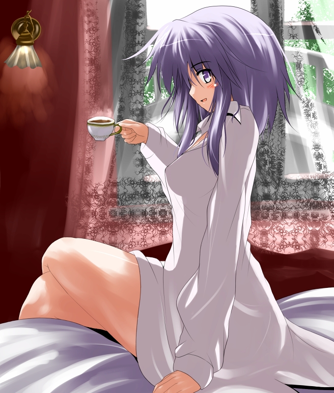 1girl, blue_eyes, cup, dress_shirt, izayoi_sakuya, shirt, short_hair, silver_hair, solo, teacup, touhou, tsuduri