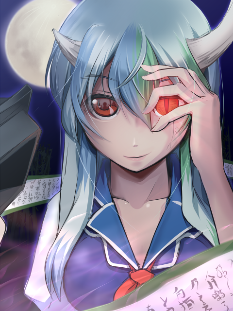 blue_hair, bust, ex-keine, flowing_dress, full_moon, green_hair, hat, hat_removed, headwear_removed, horns, kamishirasawa_keine, long_hair, moon, multicolored_hair, red_eyes, reflection, scroll, slit_pupils, smile, solo, touhou, two-tone_hair, you_naka