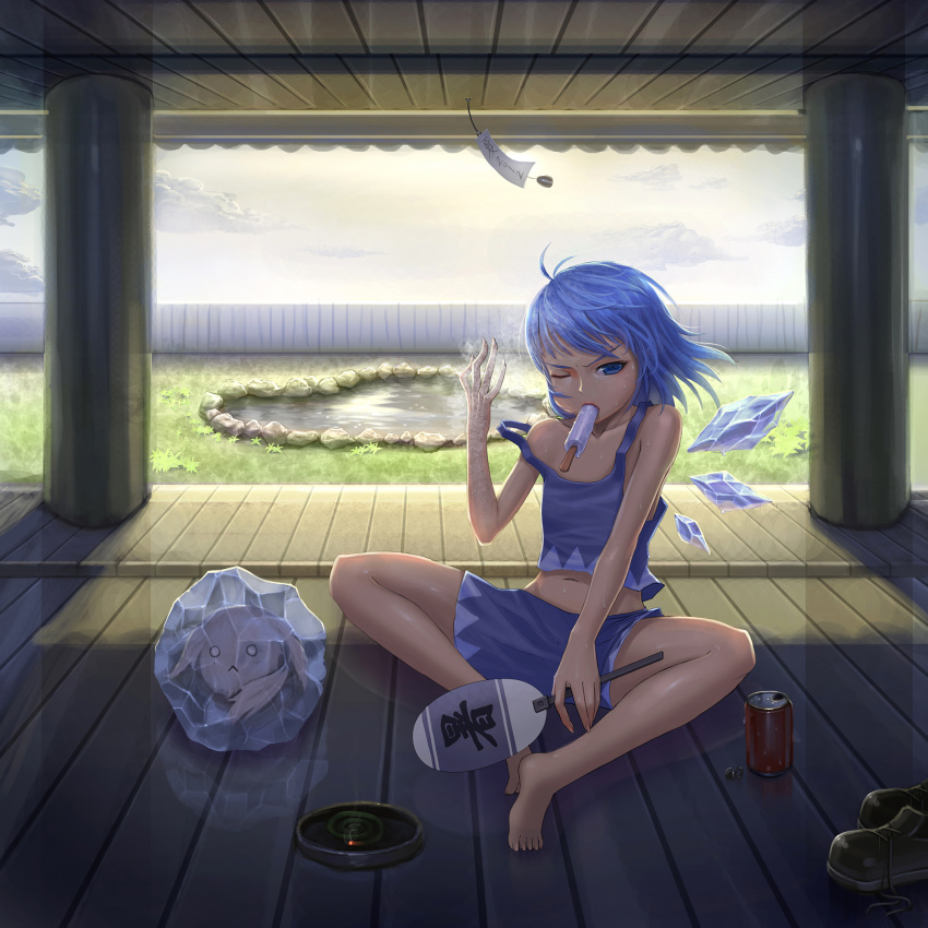 :<, adapted_costume, ahoge, bad_hands, bare_legs, bare_shoulders, barefoot, blue_eyes