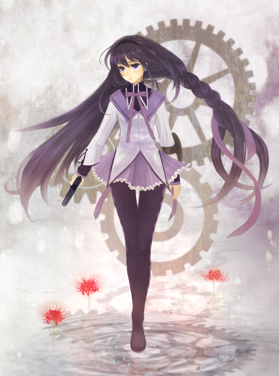akemi_homura, argyle, argyle_legwear, asymmetrical_hair, asymmetrical_hairstyle, black_legwear, boots, braid