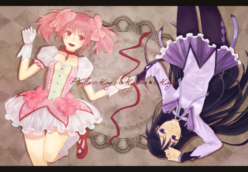 akemi_homura, argyle, argyle_legwear, black_hair, bow, bubble_skirt, gloves, hair_bow