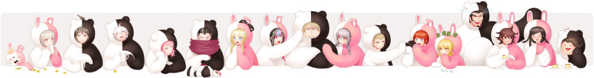ahoge, animal_costume, bear_costume, black_eyes, black_hair, blonde_hair, blue_eyes, braid, camera, chocolate, closed_eyes, cup, eating, facial_hair, facial_mark, glasses, goatee, grey_hair, gum_(gmng), hanamura_teruteru, heterochromia, highres, hinata_hajime, koizumi_mahiru, komaeda_nagito, kuzuryuu_fuyuhiko, mioda_ibuki, monokuma_(cosplay), monomi_(dangan_ronpa), monomi_(dangan_ronpa)_(cosplay), mug, multicolored_hair, nanami_chiaki, nidai_nekomaru, open_mouth, orange_hair, owari_akane, pekoyama_peko, piercing, pink_eyes, pink_hair, pudding, red_eyes, ribbon, saionji_hiyoko, scarf, sideburns, silver_hair, sonia_nevermind, souda_kazuichi, super_dangan_ronpa_2, tanaka_gandamu, tears, togami_byakuya, tsumiki_mikan, two-tone_hair, white_hair, yellow_eyes