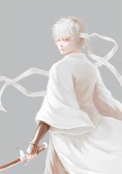 gintama, grey_background, headband, japanese_clothes, joui, katana, mimzy, sakata_gintoki, silver_hair, simple_background, solo, sword, weapon, white, white_hair