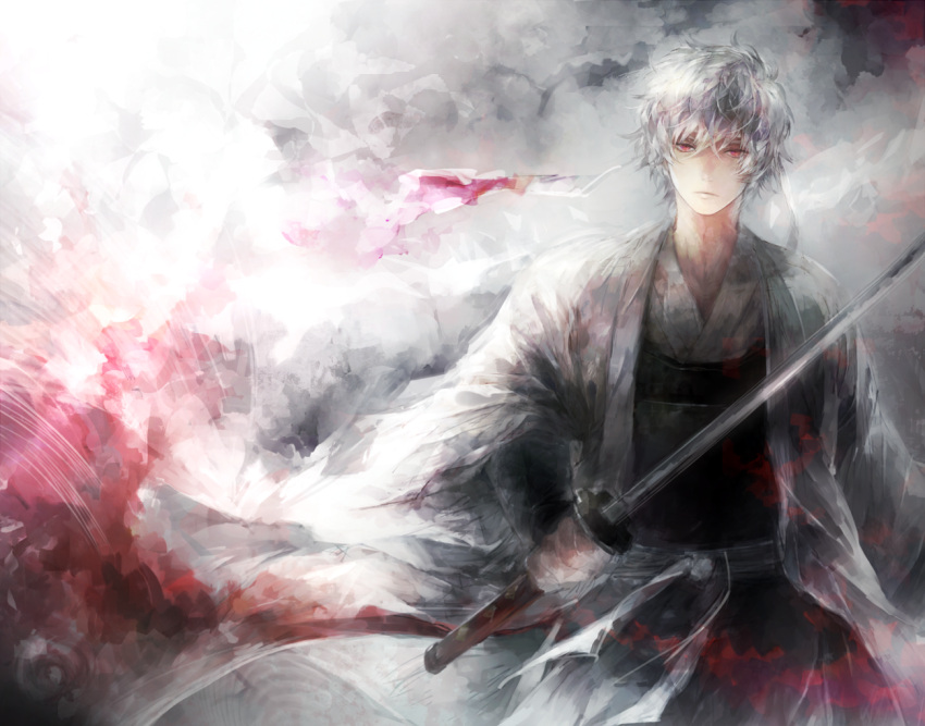 baikaouka, gintama, headband, japanese_clothes, joui, katana, sakata_gintoki, silver_hair