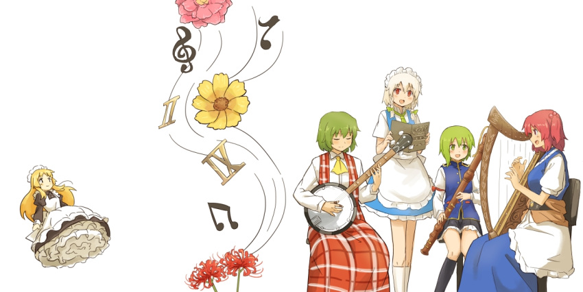 apron, banjo, bassoon, blush, bow, braid, chair, closed_eyes, dress, eyes_closed, fairy_maid, flower, green_eyes, green_hair, hair_bobbles, hair_bow, hair_ornament, harp, instrument, izayoi_sakuya, kazami_yuuka, maid_headdress, multiple_girls, musical_note, no_hat, no_headwear, number, onozuka_komachi, open_mouth, plaid, plaid_dress, recorder, red_eyes, roman_numerals, shiba_murashouji, shikieiki_yamaxanadu, short_hair, silver_hair, simple_background, singing, sitting, spider_lily, touhou, treble_clef, twin_braids, twintails, white_legwear