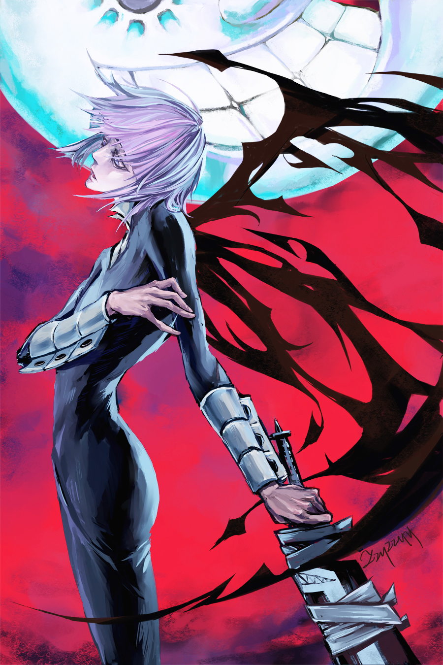 crona_(soul_eater), full_moon, highres, moon, purple_hair, scythe, short_hair, solo, soul_eater, zzyzzyy