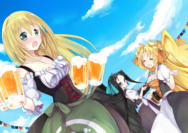 :d, alternative_outfit, angel_wings, apron, beer, beer_mug, black_hair, black_wings