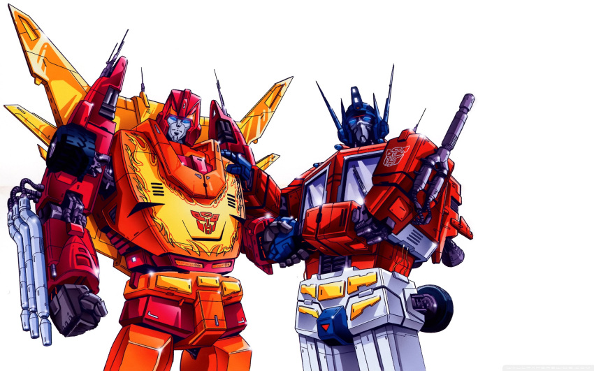 antennae, autobot, cannon, friends, helmet, highres, logo, mecha, oldschool, optimus_prime, robot, rodimus_prime, scan, science_fiction, shaking_hands, simple_background, transformers, wheel