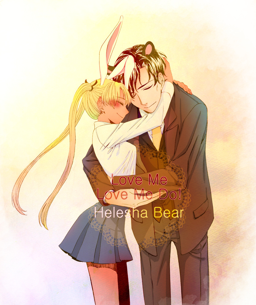1girl, absurdres, animal_ears, bad_id, bear_ears, blonde_hair, brown_hair, bunny_ears