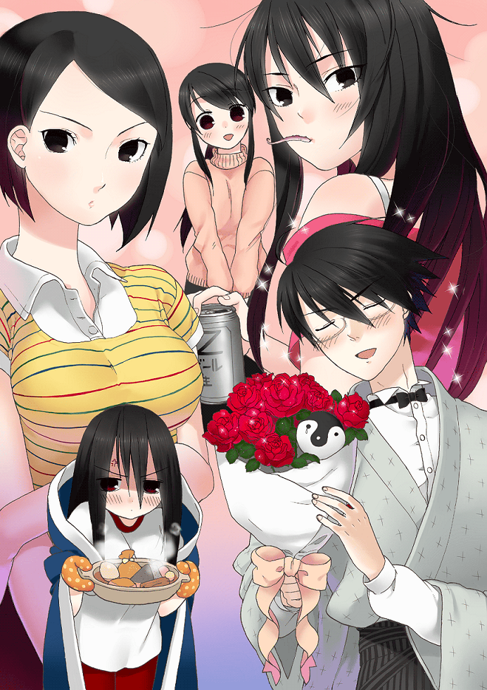arai_chie, bad_id, beer, bird, black_hair, bouquet, flower, fuura_kafuka